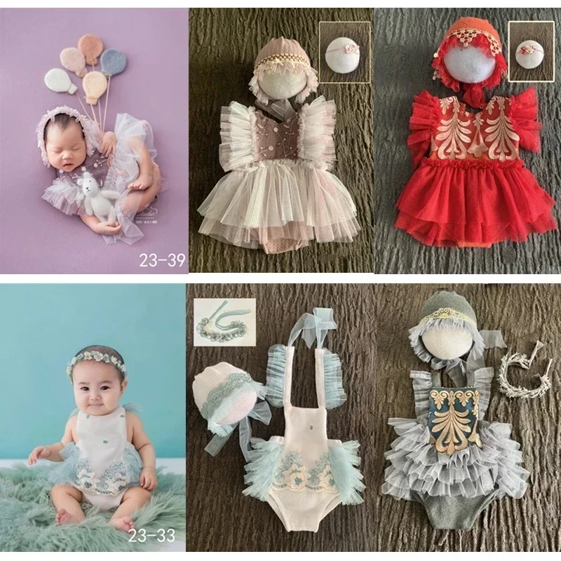 

3Pcs Baby Girl Lace Princess Dress Newborn Photography Props Clothes Hat Headband 0-3 Months Romper Photo Shoot Accessories