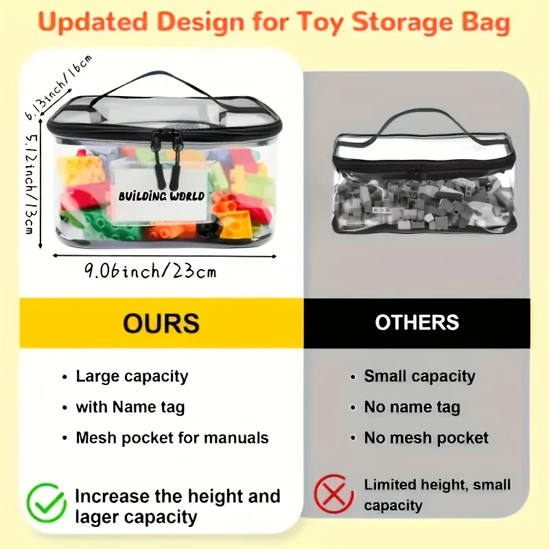 Portable Clear Zipper Pouch for Lego Accessories Board Game Storage Tag Manual Pocket & Handle Black(No Building Blocks)