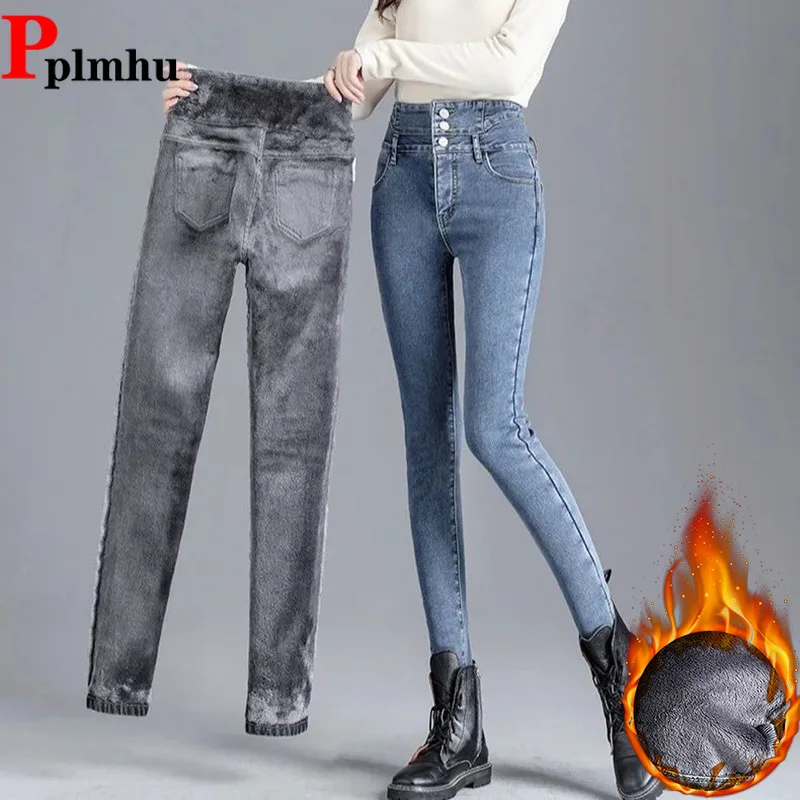 

Winter Warm Leggings Velvet Lined Thicken Jeans High Waist Elastic Skinny Vaqueros Vintage Button Fly Jean Pants Korean Pantalon