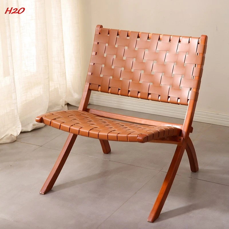 Scandinavian Ash Wood Beach Chair Solid Wood Rope Chair Saddle Leather Net Red Folding Balcony Outdoor Leisure Rope