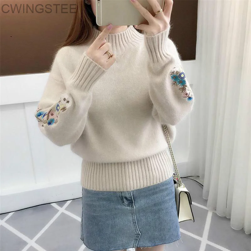 

Women Knitted Sweater Floral Embroidery Thick Sweater Pullovers Autumn Winter New Long Sleeve Turleneck Sweaters