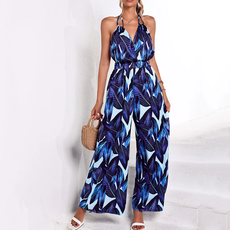 Summer New Bandage Baggy Jumpsuit Women Fashion Vintage Print High Waist Backless Halterneck Romper Femme Beach Style