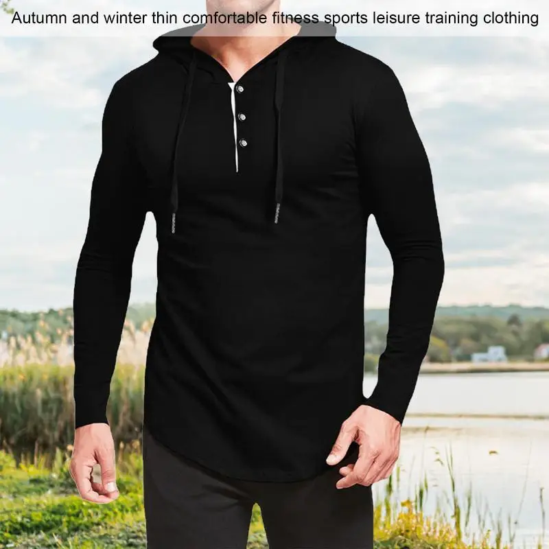 Mens Hooded Shirt Long Sleeve Lightweight Sports Hooded Shirt Casual Solid Long Sleeve Hooded Shirt Top With Drawstring Hoodie