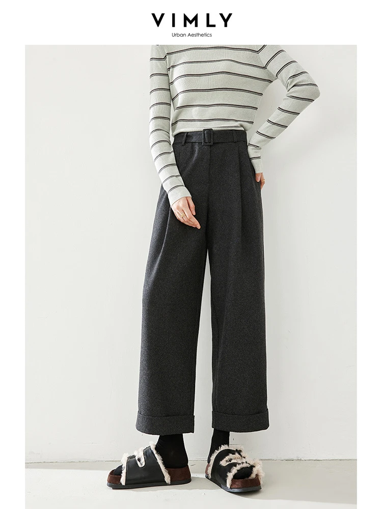 

Vimly High Waist Belt Baggy Pant 2023 Winter Straight Loose Casual Trousers Office Lady Thick Warm Wool Wide Leg Pants 16292