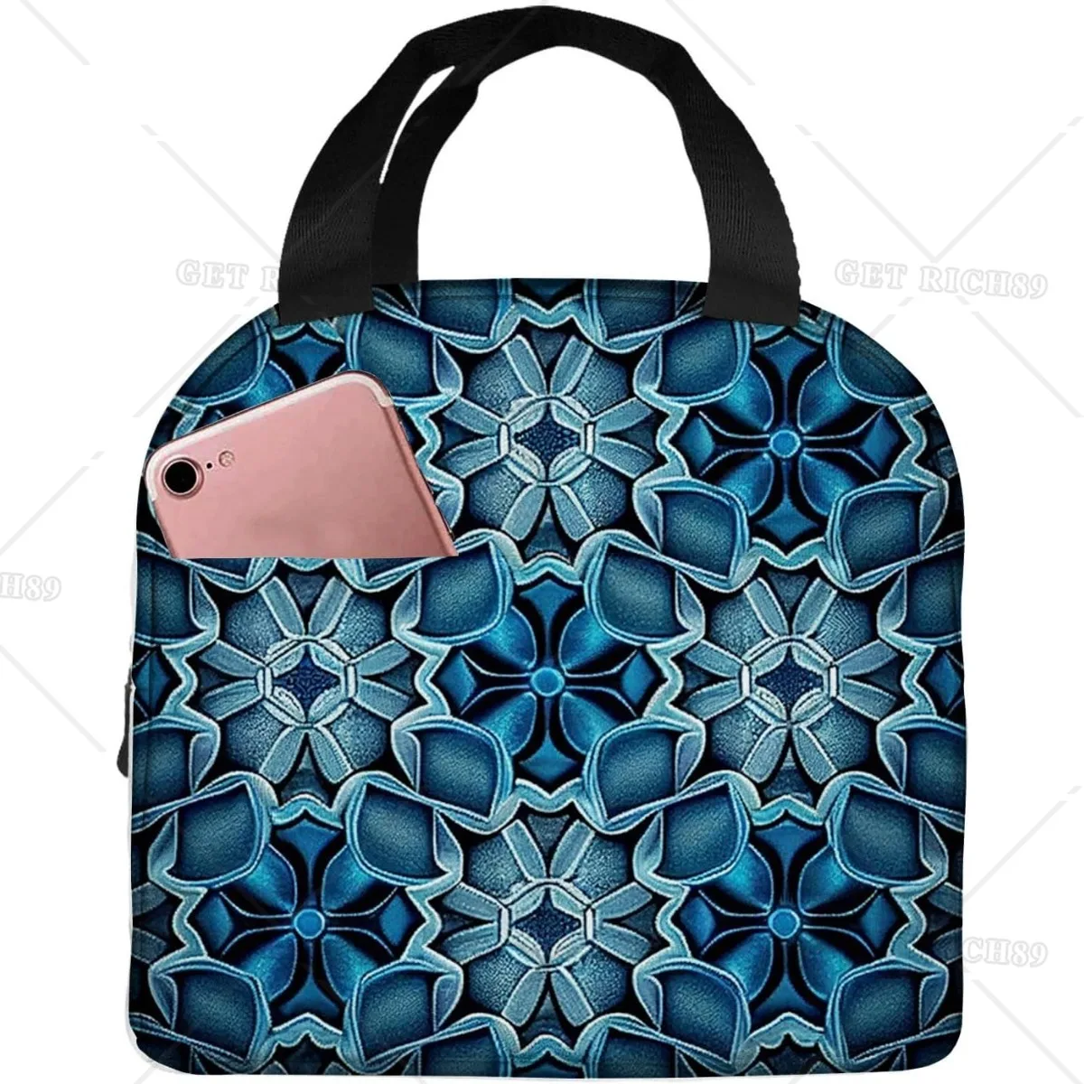 

Blue Tile Kaleidoscopi Portable Lunch Bag for Women Men Insulated Cooler and Reusable Lunch Box for Office Work Picnic Beach