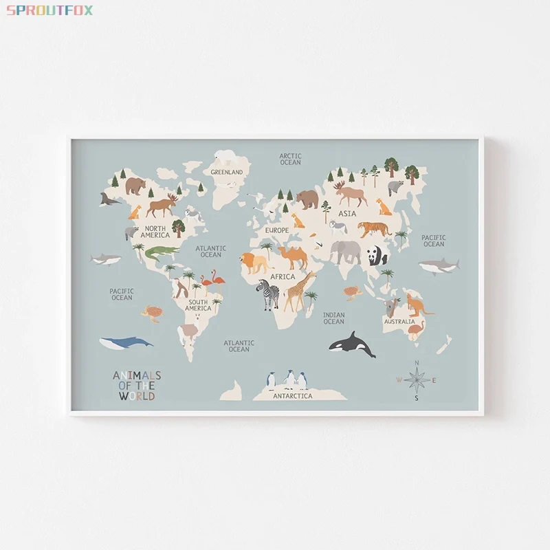 Animals Of The World Map Poster - World map animals 