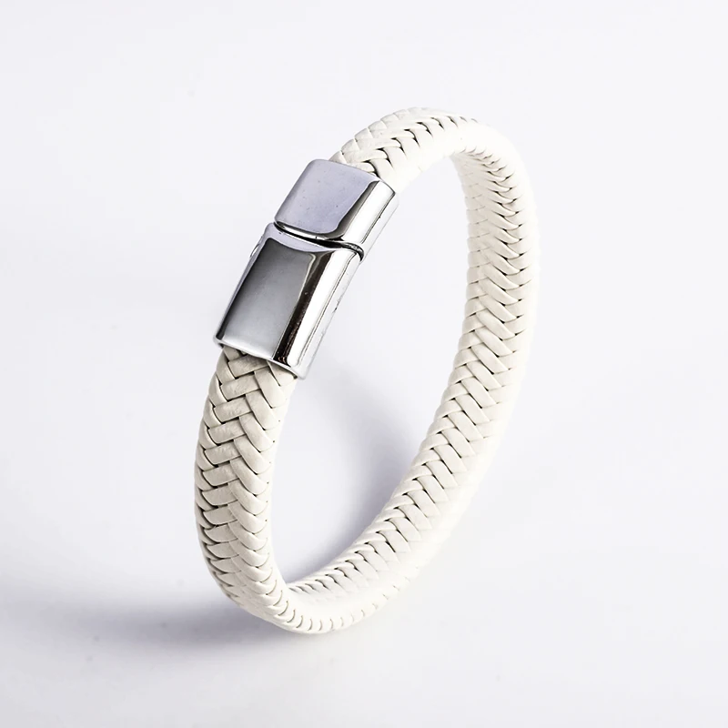 Unisex Trend Bangle Couple Jewelry White Woven Leather Metal Magnetic Button Bracelet