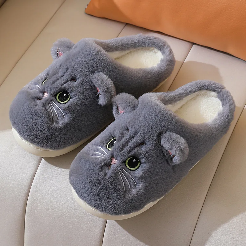 Women Slipper Autumn Winter Cute Cartoon Cat Home Slippers Men Warm Plush Slides Indoor Bedroom Anti-Slip Floor Couple Slipper