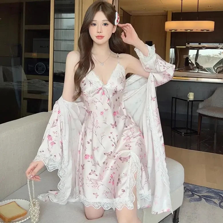 

Female Nighty&Robe Set Women Rayon Bathrobe Gown Suit Lace Kimono Nightgown Lingerie Summer Two Piece Sleepwear Loungewear
