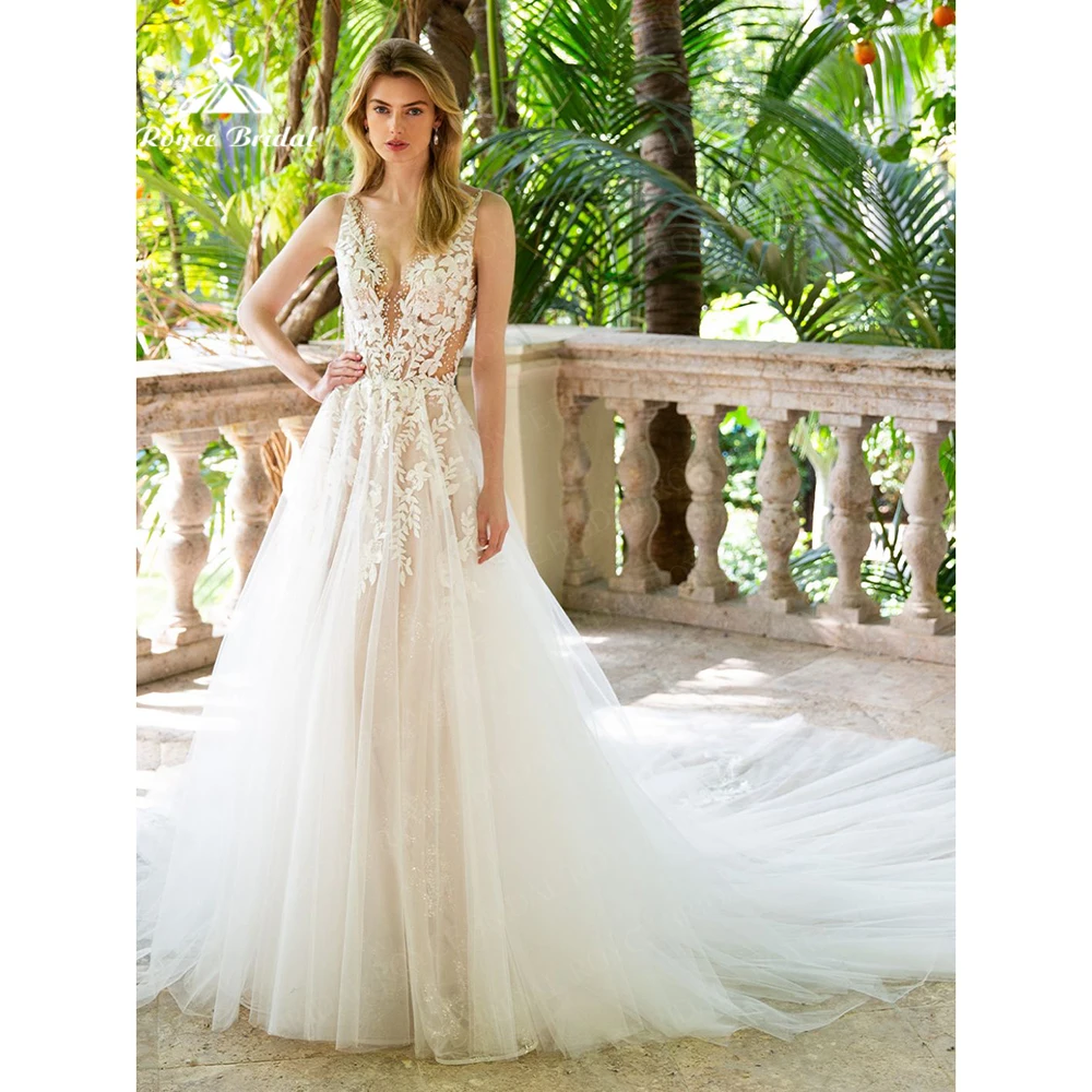 

Roycebridal Deep V Neck Wedding Dresses Vestidos De Novia Beaded Floral Lace Formal Bridal Gowns vestidos de gala mujer