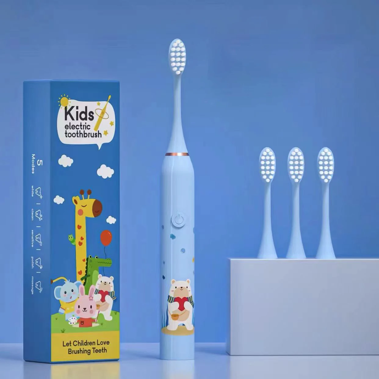 thumbnail image 1 of Cepillo de dientes eléctrico sónico para niños con 5 modos, diseño de dibujos animados, recargable por USB, resistente al agua IPX7, con cabezales de repuesto suaves, 1 of 5