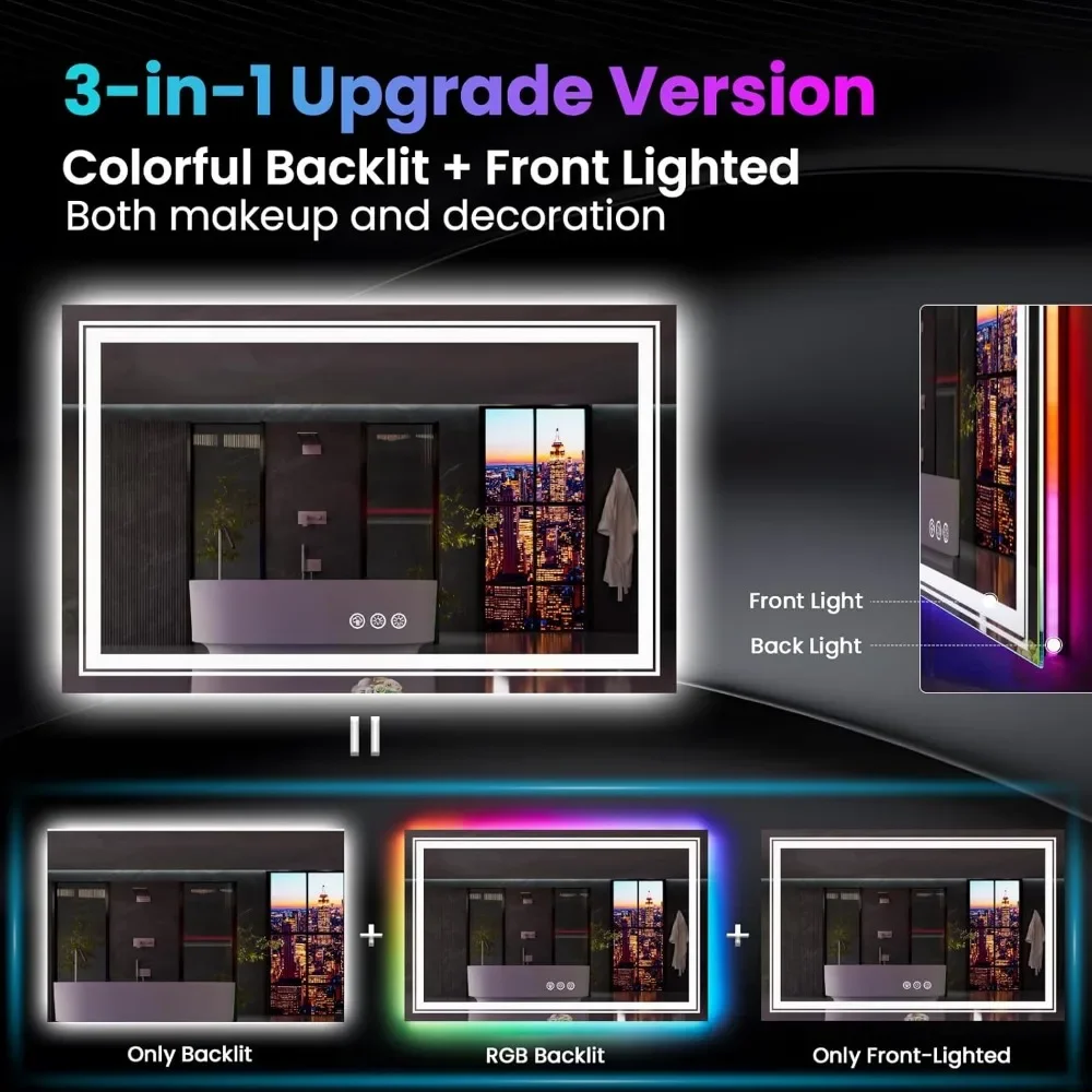 38&rdquo;X38&ldquo; LED Bathroom Mirror with Lights, Anti Fog Mirror with RGB Backlit Bathroom, Dimmable Smart Lighted Bathroom