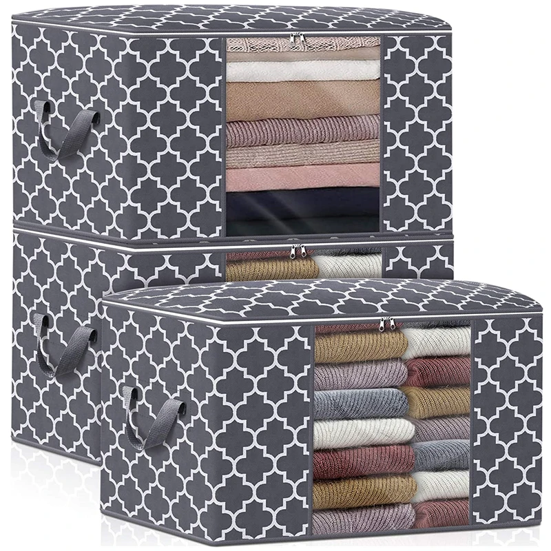 

3 Pack Gray Clothes Storage Bags Foldable Large Capacity Blanket Storage Containers Organizers for Comforters Bedding Clothing