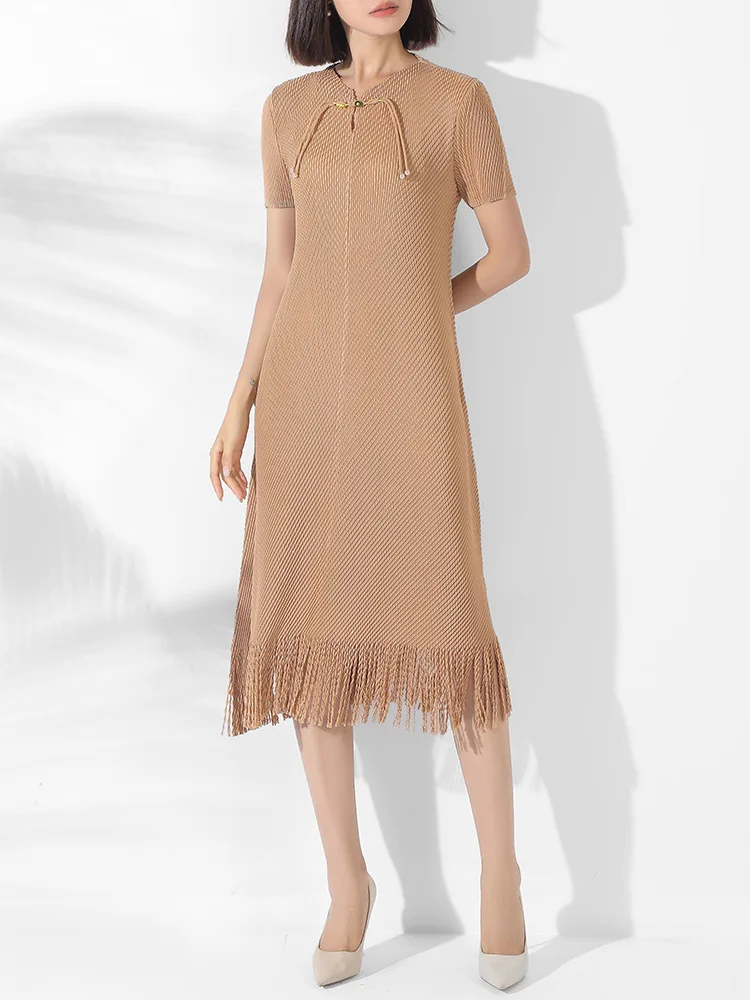MIYAKE new Chinese style temperament slimming women's style wearing high-end mid to long qipao tassel dress [0690]