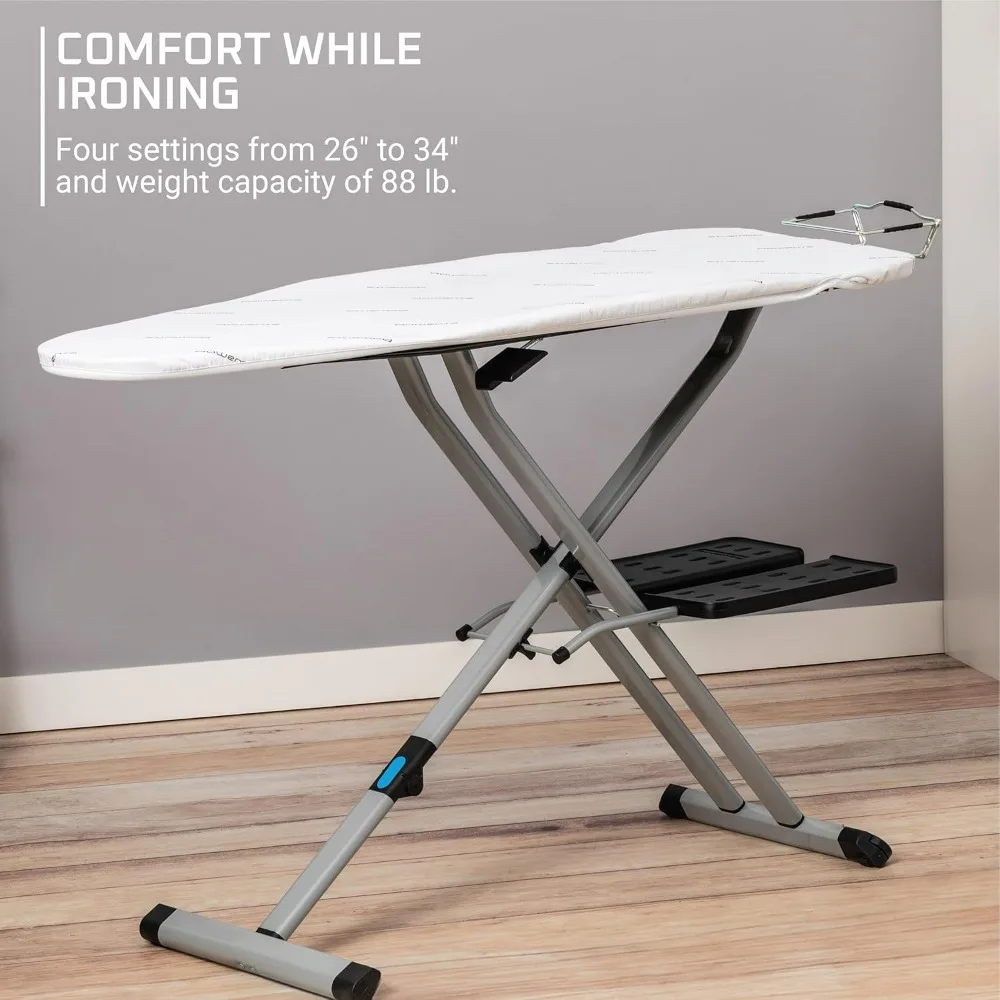 Compact 18x54 Inch Ironing Board by Rowenta with Folding Hanger Rack and 4 Legs, Space-Saving Design in Beige
