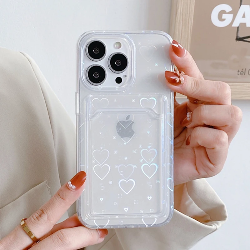 Transparent Laser Phone Case For iPhone 11 13 12 Pro Max XS X XR 7 8 Plus SE 2 Love Gradient Silicone Wallet Cover Card Holder 13 pro max cases