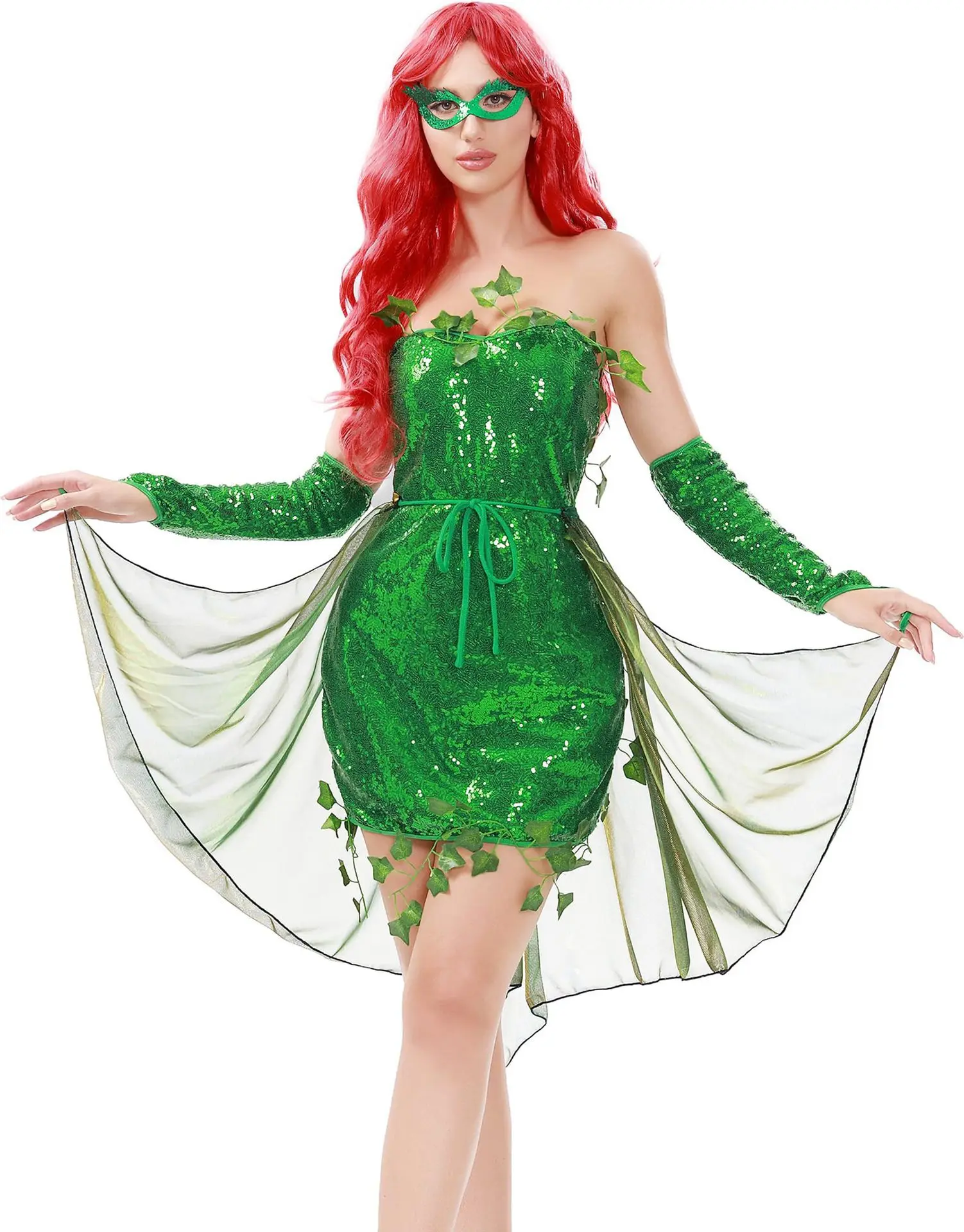 Halloween Leaf Green Poison Ivy Cosplay Costume Women's Green Tree Man Sequin Off-the-shoulder Dress Wrap Skirt Sleeves Outfit