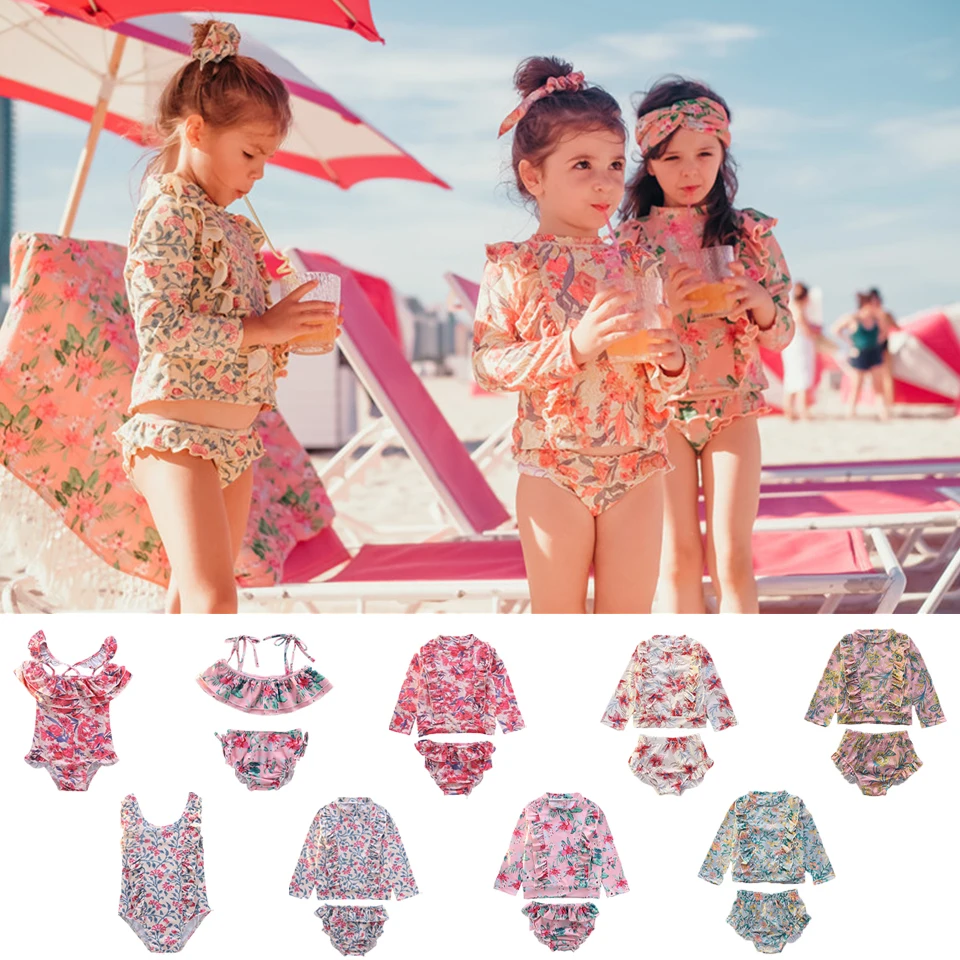 

2024 Summer Girls Swimsuits Kids Beach Bikini Swim Children Floral Swimwear Sets Baby Toddler Holiday Seaside Outwear 1-9Years