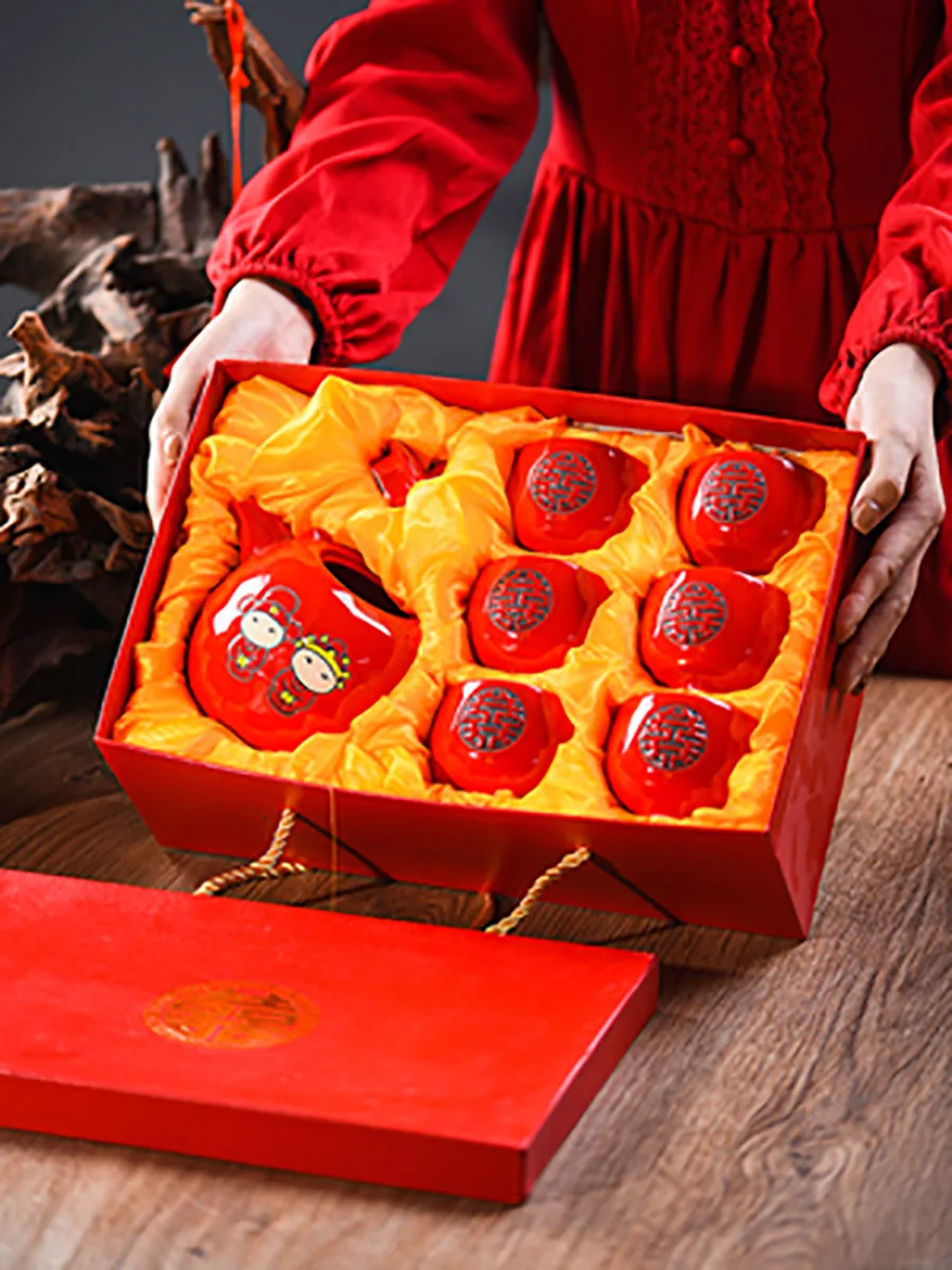 Traditional Wedding Decoration Red Tea Set for Adults, Chinese Kung Fu Teapot, Teacups, Tea Service, Teaware with Handle, Chin