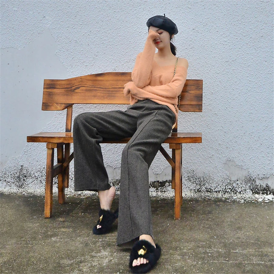 Alloaone Pantalon À Jambes Larges En Laine Pour Femme, Taille