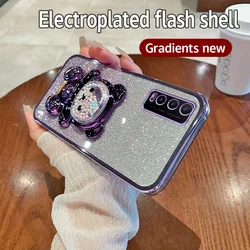 Silicone Bling Electroplated TPU Case with Bear Stand and Glitter Design for VIVO Y20s G (Purple)