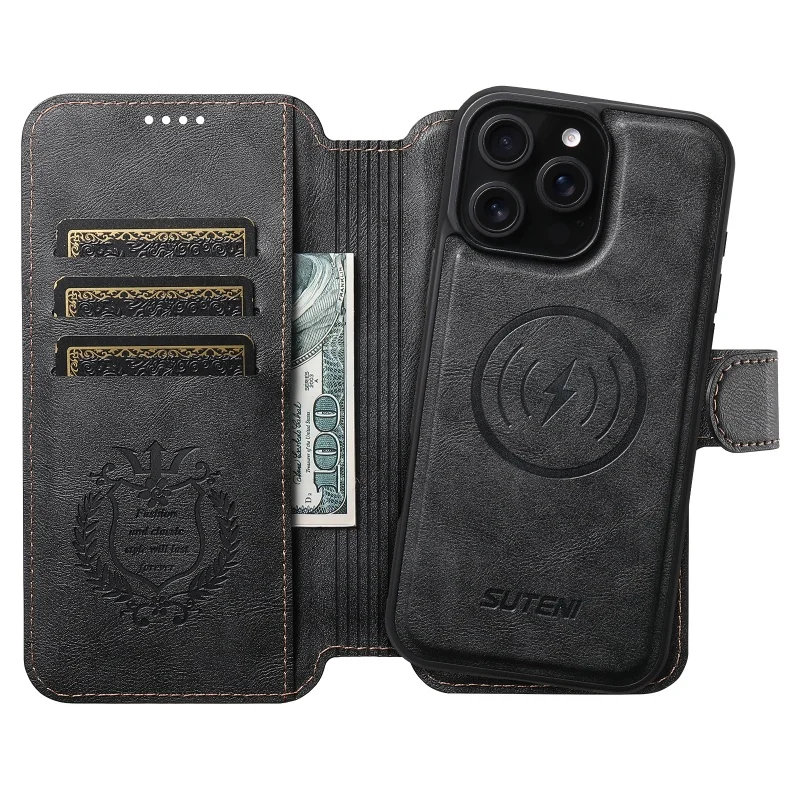 Premium 2-in-1 Detachable Magnetic Leather Wallet Phone Cover with Wireless Charging