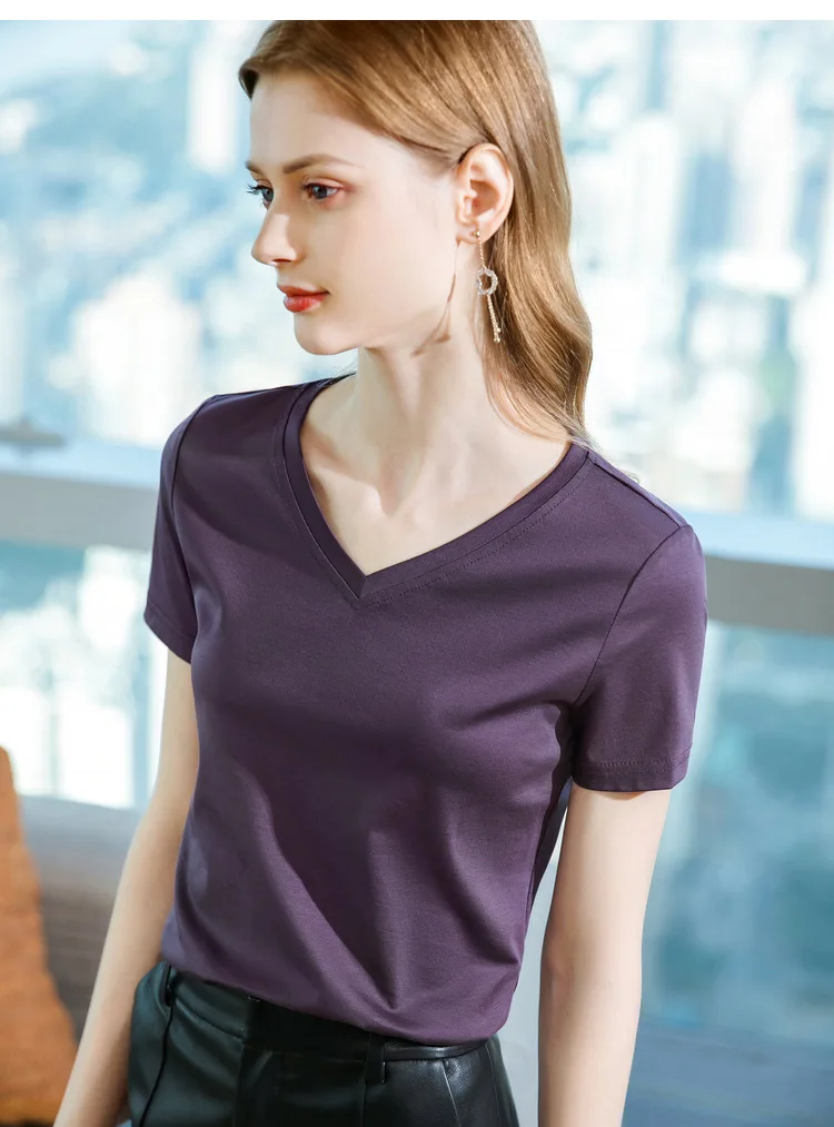 Ice Sensitive Silk Cotton V-neck Short Sleeved T-shirt for Women's Solid Round Neck Basic Commuting Elastic Oversized Top