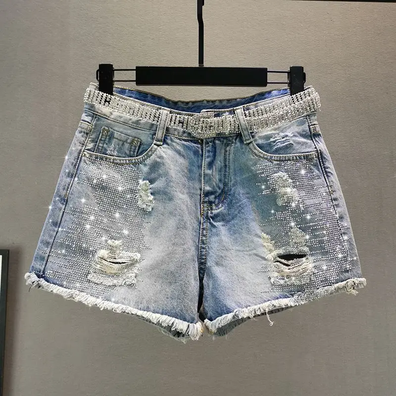 

Female New Summer Denim Shorts Woman Diamond Beading Tassels Shiny Chic Short Empire Ripped Holes Slim Shorts Female Pant Q946