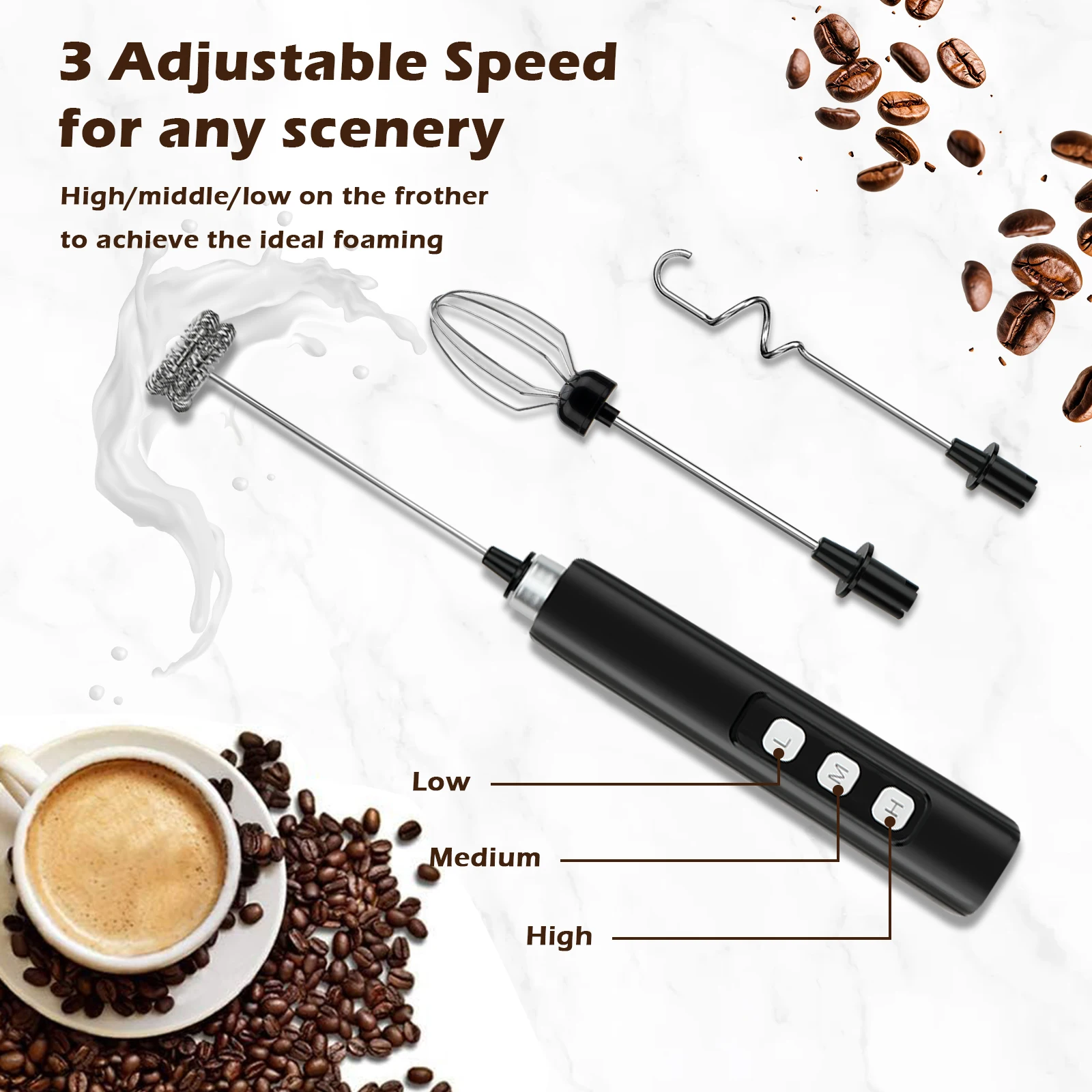 3-in-1 electric milk frother, 3-speeds power adjustablehandheld portable electric mixer, placed base Type-C charging