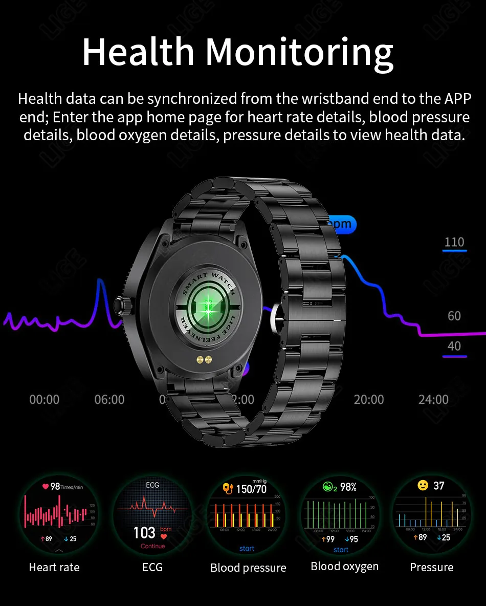 LIGE 2022 New Smart Watch Men Full Touch Dial Call Fitness Tracker IP67 Waterproof Multifunction Steel Strap Men Smartwatch+BoxLIGE Call Smart Watch Men Full Touch Screen Sport Fitness Watches IP67 Waterproof Multifunctional smartwatch For Android ios+Box
