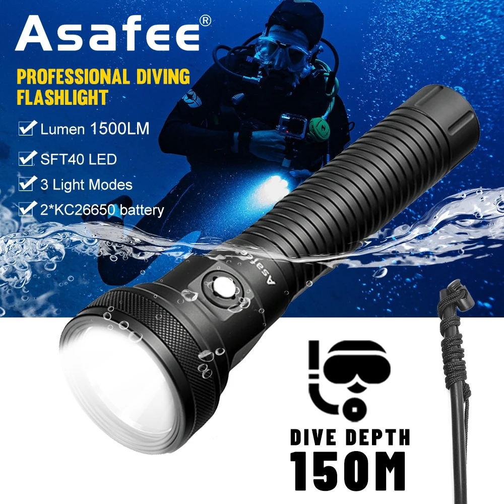 

Asafee DT02 150M Underwater SBT90 LED Light 5000LM Diving Flashlight Press Switch Flashlamp IPX8 Waterproof Scuba Night Torch