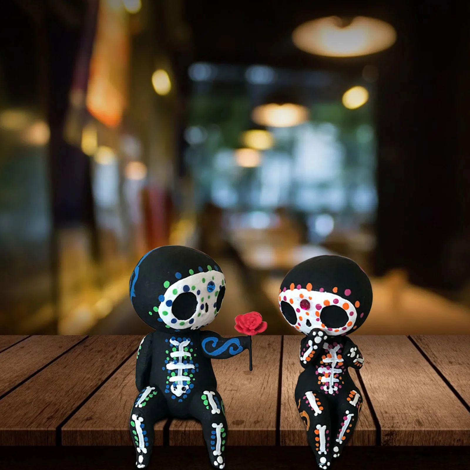 2pcs/set Lovers Couple Miniature Mini Doll Sugar Skull Couple Statue Cute Resin Crafts Home Decoration Accessories Ornaments
