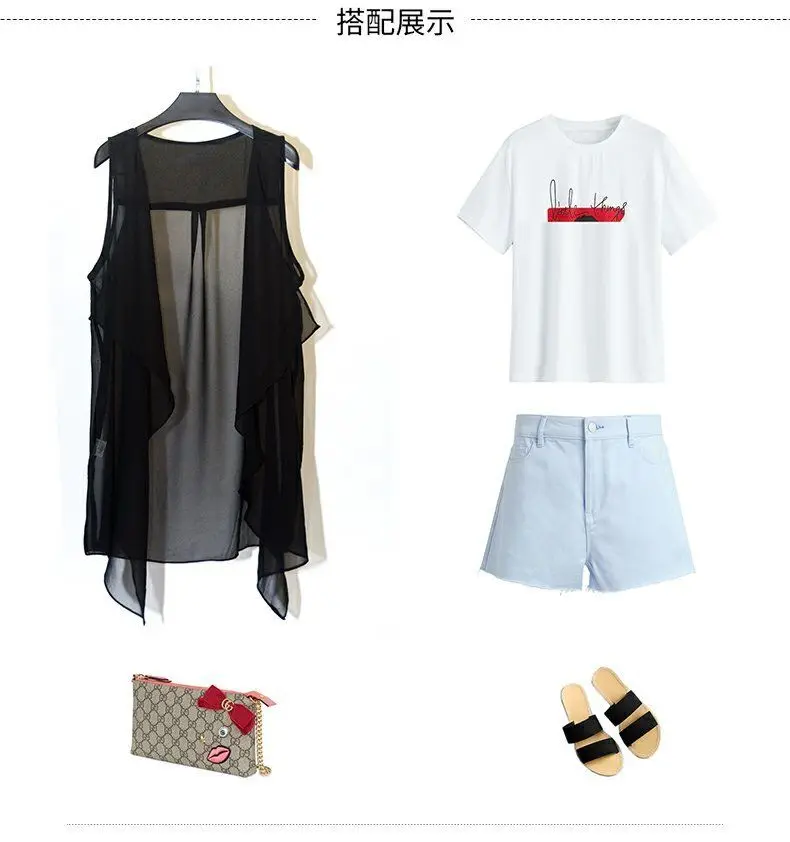 Women's Coat Plus Size Chiffon Vest Summer Korean Version Sleeveless Cardigan Loose Vest Thin Black Cover-ups Jacket