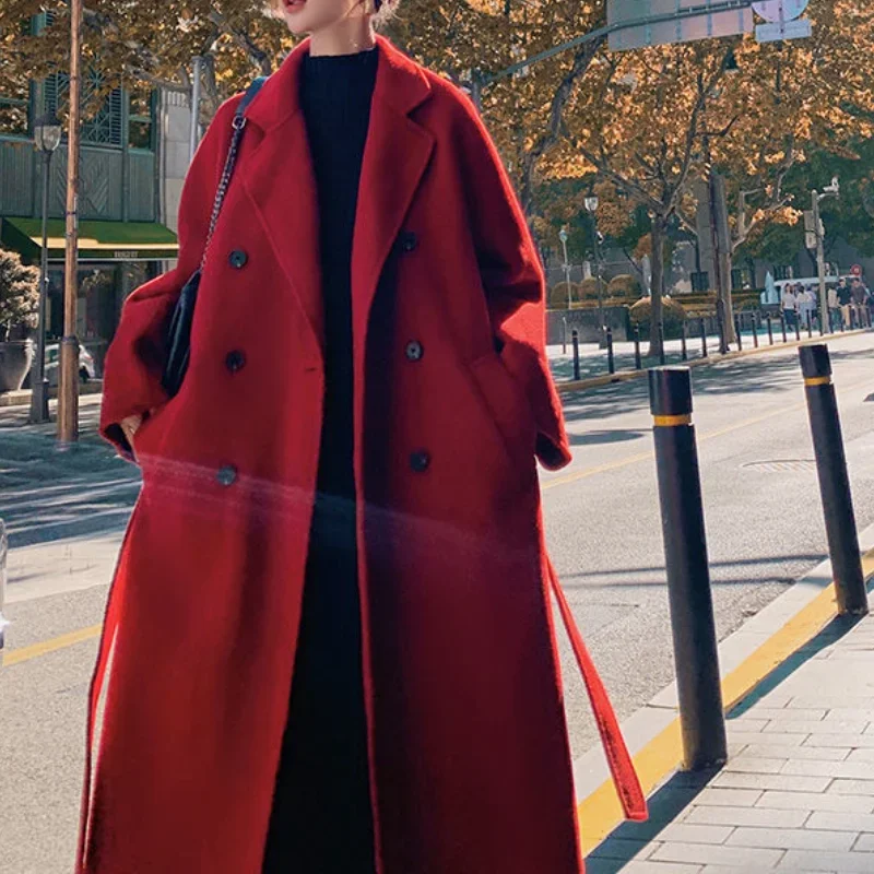 Зимнее, осеннее, рождественское, красное, черное, Свободное длинное шерстяное пальто, куртка с поясом, шерстяное пальто, корейский женский кардиган с разрезом на подоле, верхняя одежда XL