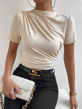 Women Short Sleeve Pleated T-shirt Summer Casual Slim Fit Mock Neck Ruched Tee Top Streetwear 1