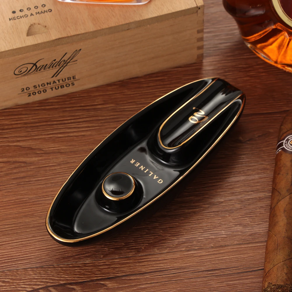 

Galiner Ceramic Cigar Ashtray Portable Black & Yellow Smoking Ash Tray Fit 1 Cigar Ash Holder Cigar Accessories with Gift Box