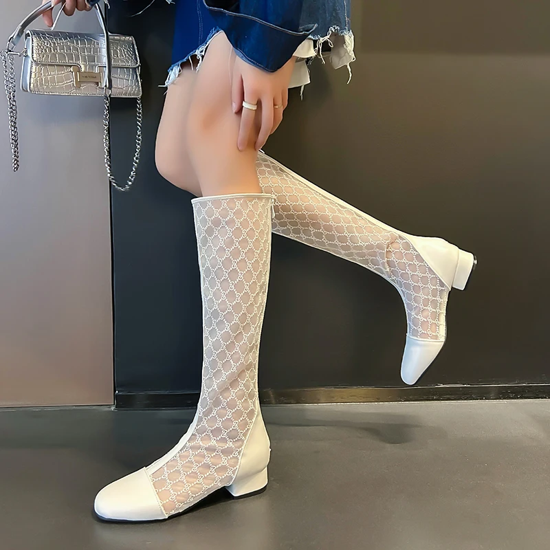 Plus Size Woven Geometric Pattern Breathable Mesh Knee Boots With Low Heel Side Zipper Summer Sexy Long Sleeved Women's Boots