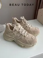 BeauToday Platform Sneakers Women Mesh Solid Color Breathable Trainers Lace-up Round Toe Thick Sole Ladies Shoes Handmade 29462 1