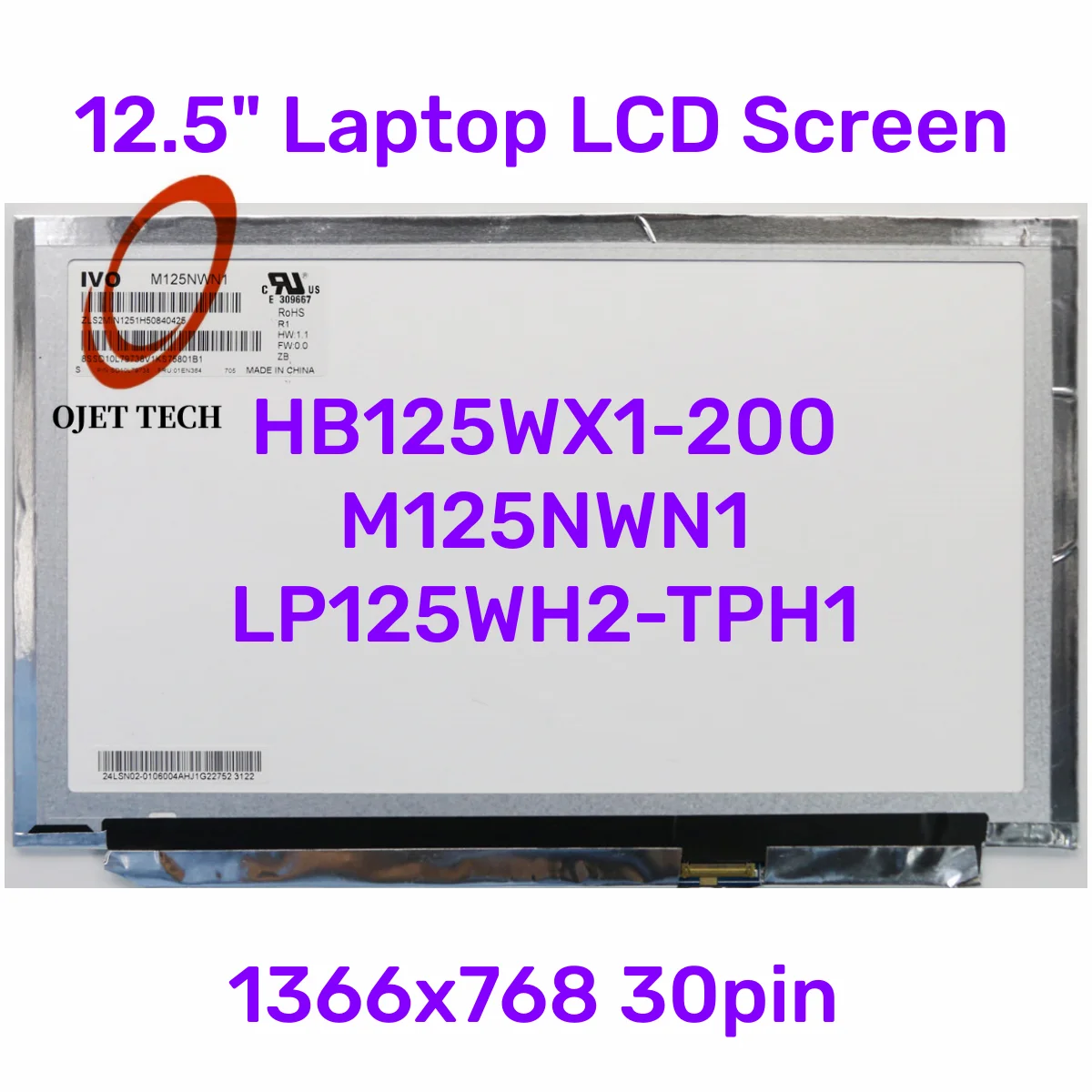 Tela Lcd do Portátil para Lenovo Thinkpad M125nwn1 r1 Fit Lp125wh2-tph1 B125xtn01.0 Hb125wx1200 X240 X250 X260 1366×768 30pin 125