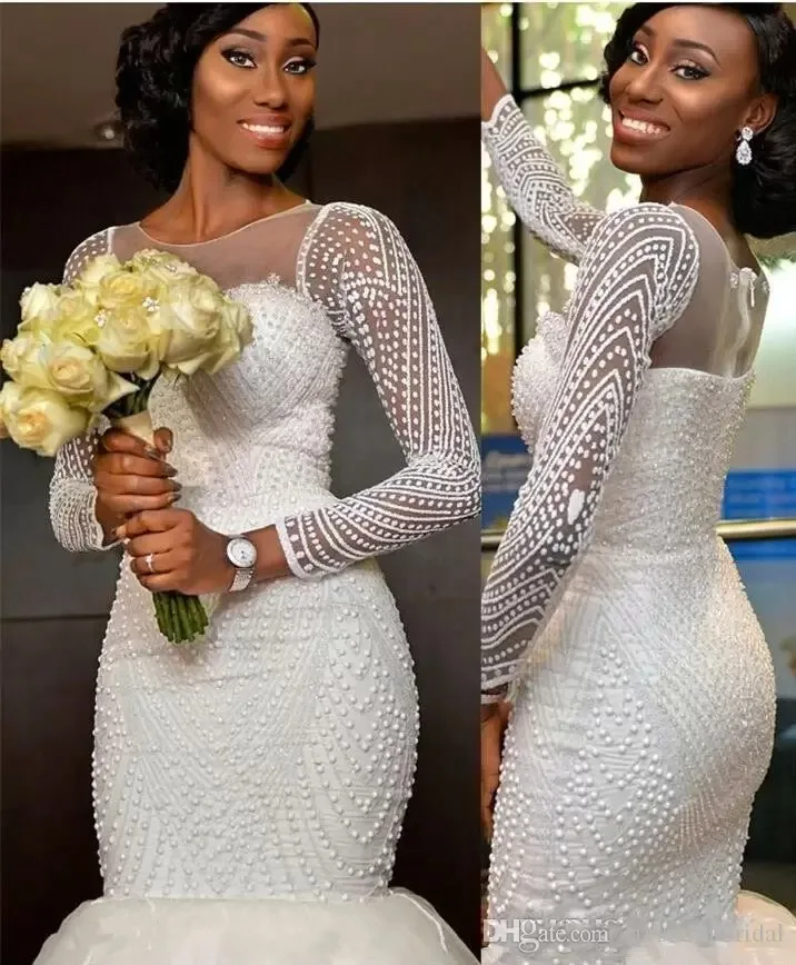 

African Nigeria New Mermaid Wedding Dresses Jewel Neck Long Sleeves Crystal Beaded Pearls Sweep Train Custom Formal Bridal Gowns