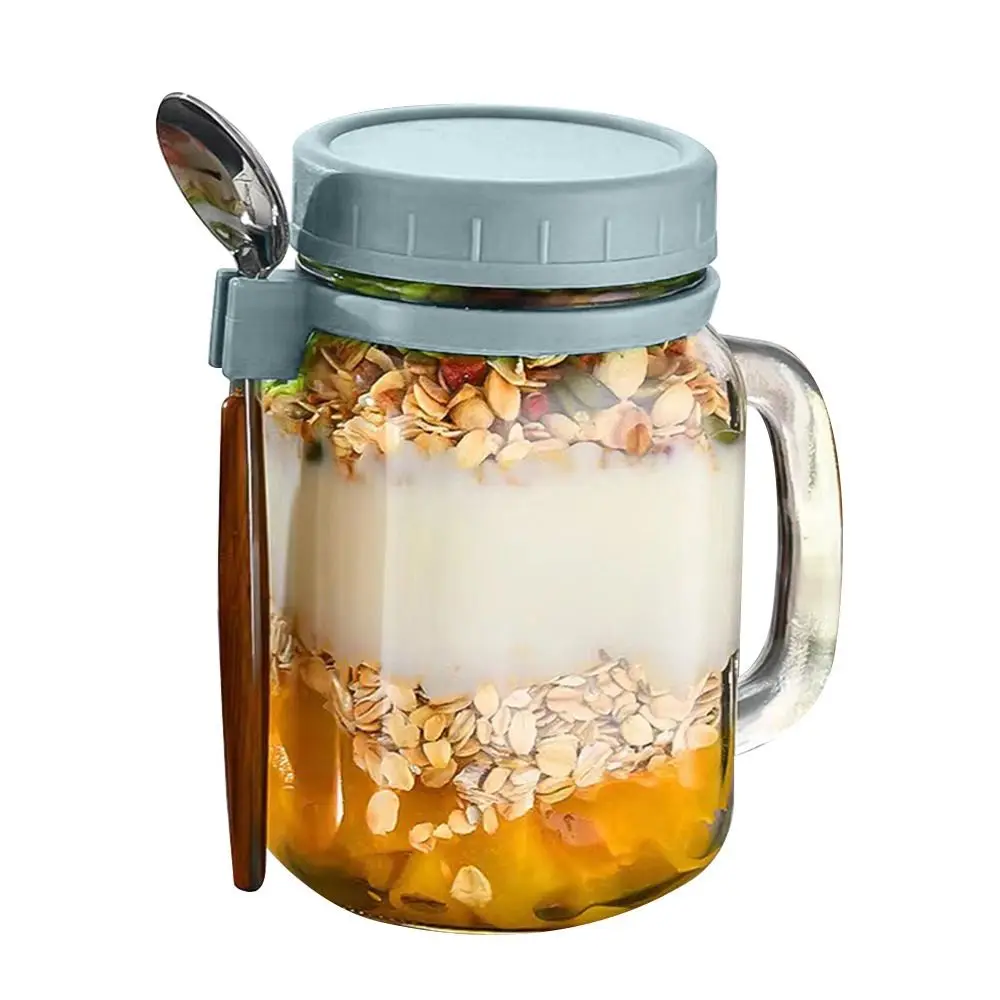 Overnight Oats Jars with Lids Yogurt Pot 450ml Wide Mouth Glass Breakfast Jar with Spoons & Handle Leakproof Container