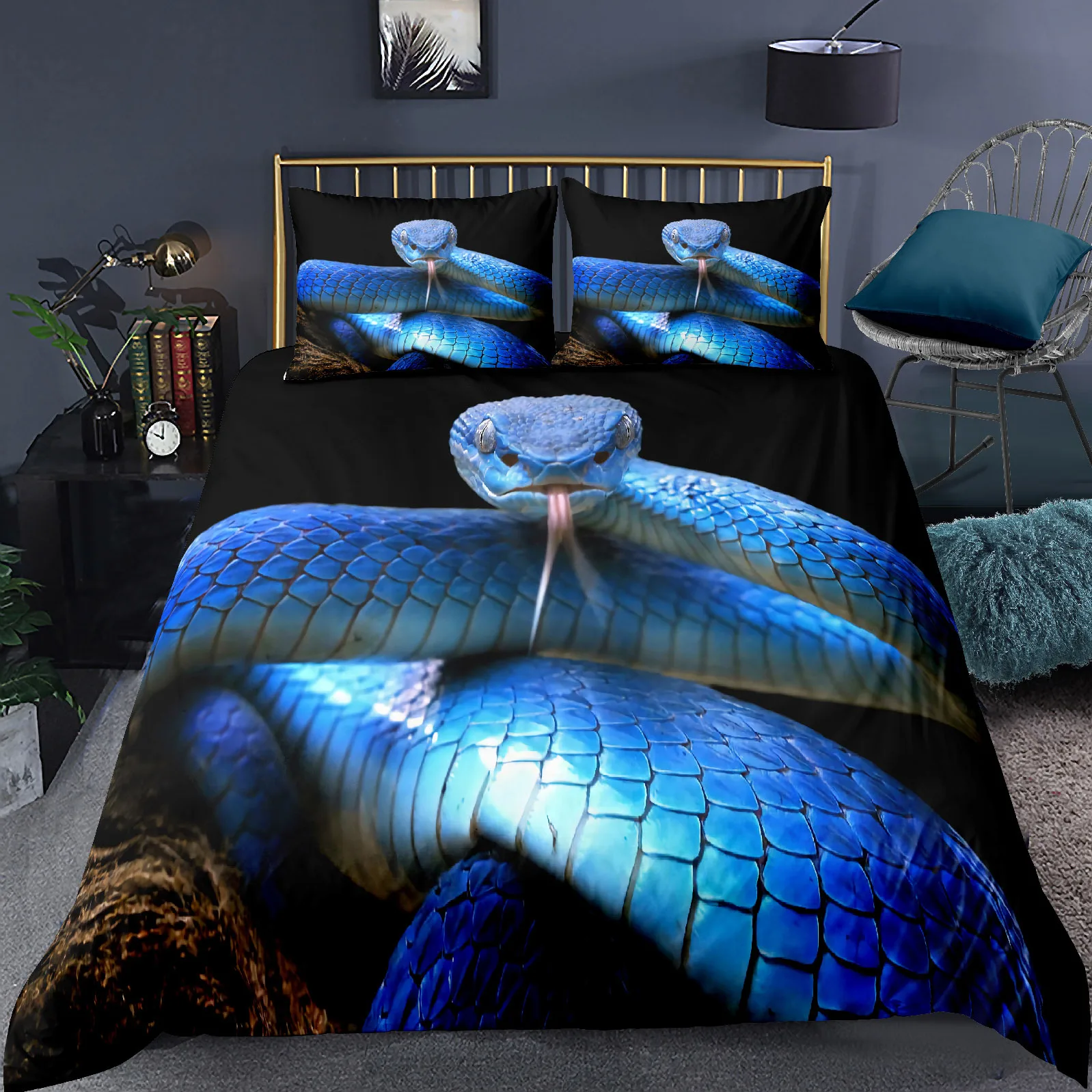 3D Snake Comforter Cover Set for Kids Boys Teens Green Snake Duvet Cover 3D Reptile Print Bedding Set Wild Animal Quilt Cover