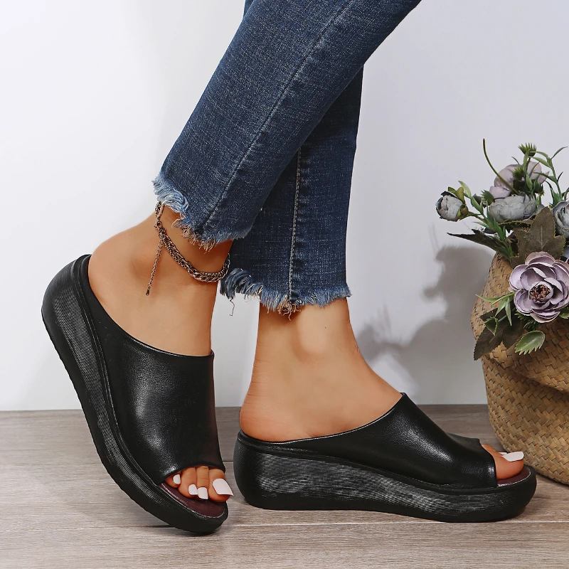 

Тапки женские в этническом стиле, танкетка с открытым носом, толстая подошва, однослойные, большие размеры, лето 2022