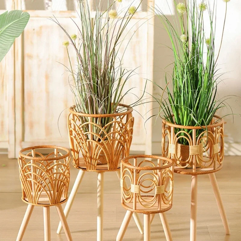 

Handmade Braid Artificial Rattan Plastic Flower Pot with Stand Plant Storage Stand DIY Nursery Pots Home Decorations