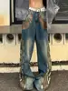 American Vintage Washed Beaded Wide Leg Jeans Fashionable High Street Straight Leg Loose Jeans Harajuku Hip Hop Y2k Trousers 1