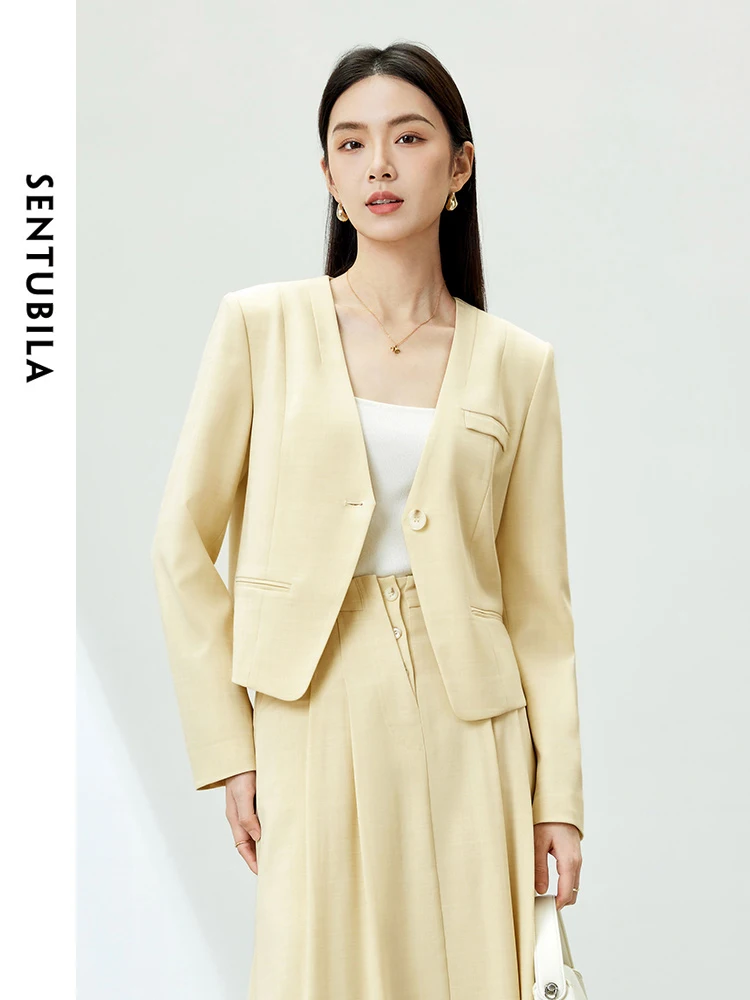 SENTUBILA Casual V-neck Cropped Blazer Coat Woman 2024 Spring Comfort Straight Elegant Suit Jacket Women's Outerwear 141X53363