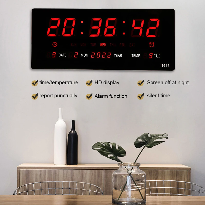 LuminousLargeDigitalWallClockAlarmHourlyChimingTemperatureDate