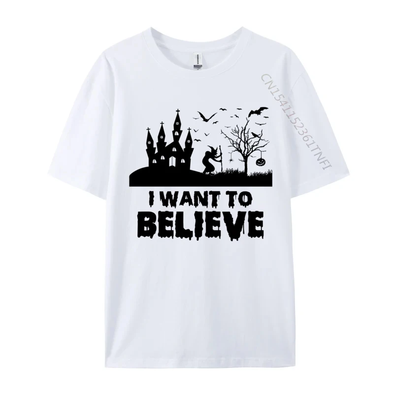 Custom Personalized T-Shirt Discount Father Day Short Sleeve Crewneck Tops Tees 100% Cotton Men Printed On Tees Funny Halloween Tees I Want To Believe white