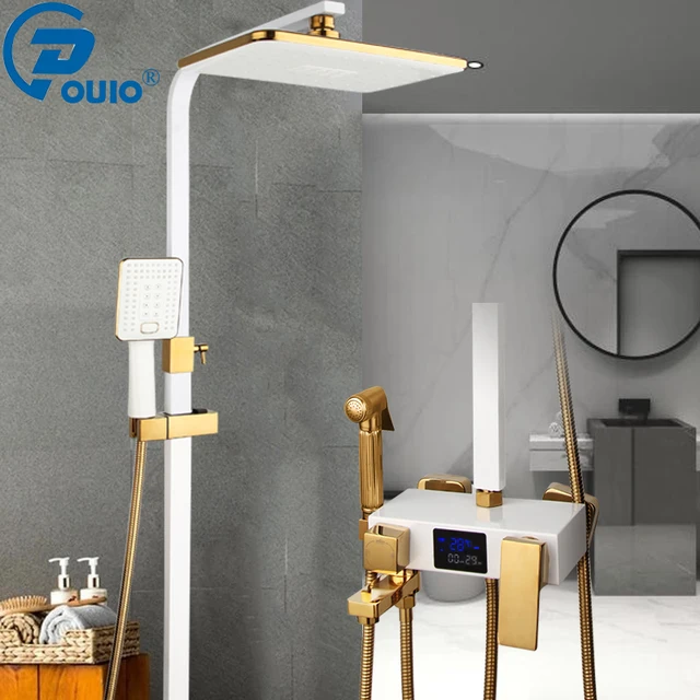 OUIO ระบบฝักบัวอาบน้ำ LED ดิจิตอล ชุดฝักบัวติดผนัง อ่างอาบน้ำ ก๊อกน้ำฝักบัว หัวฝักบัวทรงสี่เหลี่ยม สปา ฝักบัวแบบเรนชาวเวอร์ 1
