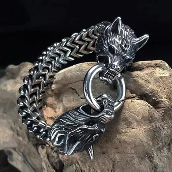 Bracciale in acciaio inossidabile nordico con doppia testa di lupo Bracciale da uomo con catena a rete punk retrò Bracciale animale Gioielli di tendenza Hip Hop Rock 1